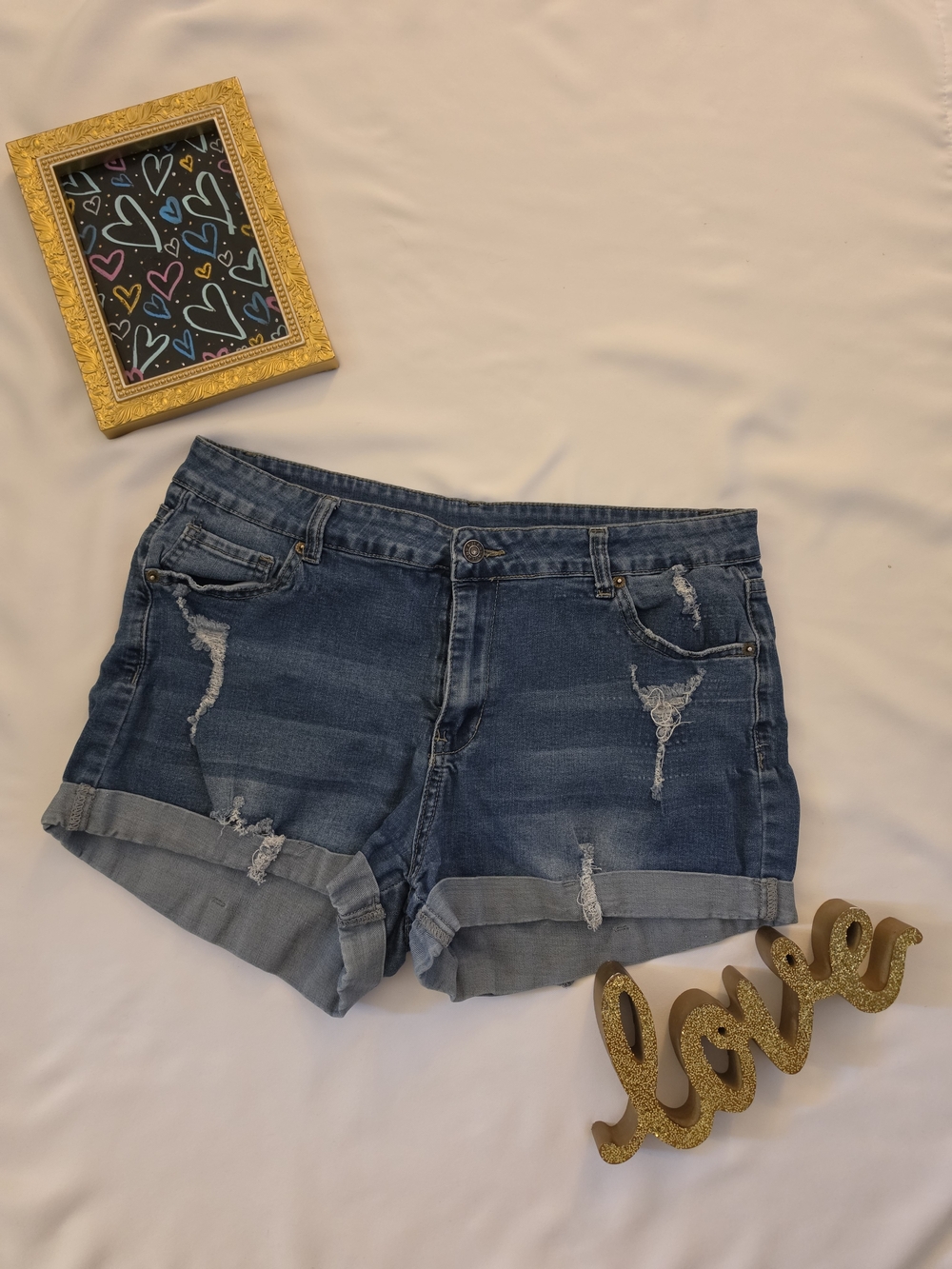 Angerella Rolled Hem Distressed Denim Shorts - Blue Size XL